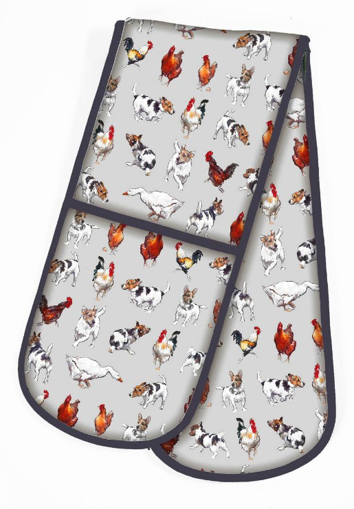 JO STOCKDALE FARMYARD FROLICS Linen tea towel Jack Russell Terrier Chickens HENS 